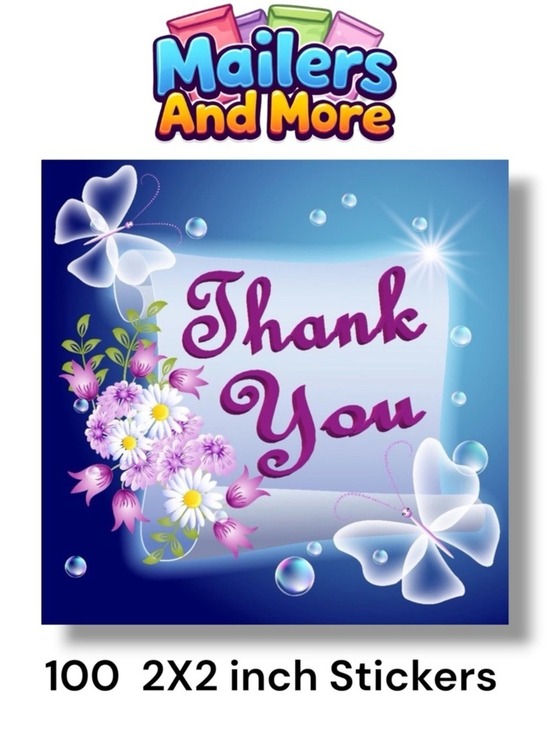 Mailers And More Other - 100 (2x2 Inch) Square Stickers, Butterfly , Flowers , High Gloss, Thank You